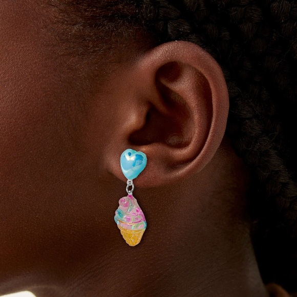 Claire's Puffy Heart and Ice Cream Cone Drop Post Pierced Earrings, Blue Yellow - Picture 2 of 8